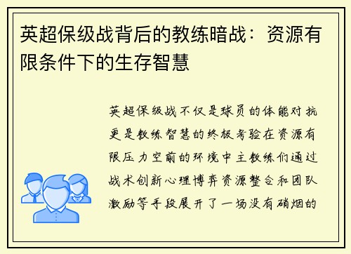 英超保级战背后的教练暗战：资源有限条件下的生存智慧