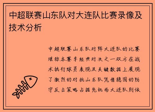中超联赛山东队对大连队比赛录像及技术分析